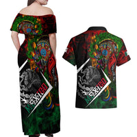 Mexico Quetzalcoatl Aztec Calendar Couples Matching Off Shoulder Maxi Dress and Hawaiian Shirt Tribal Warrior Art with Eagle and Serpent