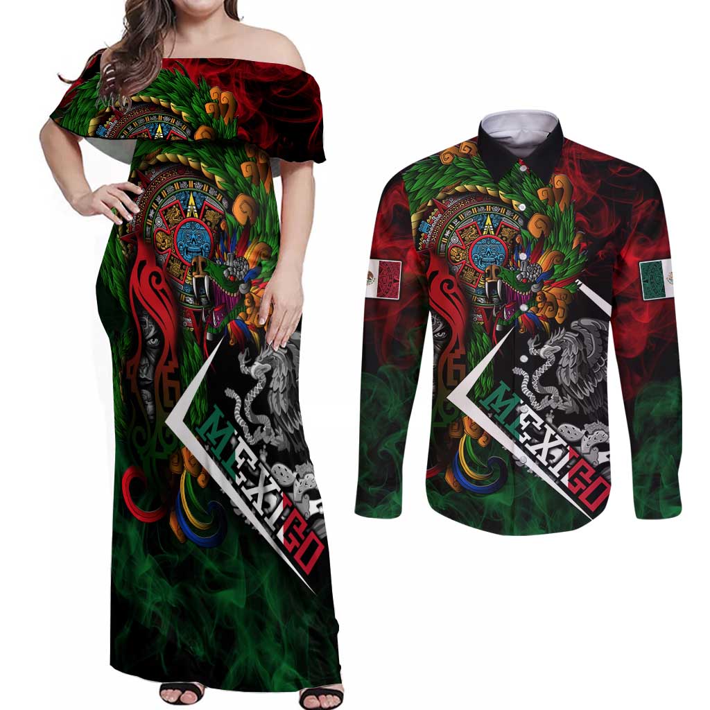 Mexico Quetzalcoatl Aztec Calendar Couples Matching Off Shoulder Maxi Dress and Long Sleeve Button Shirt Tribal Warrior Art with Eagle and Serpent