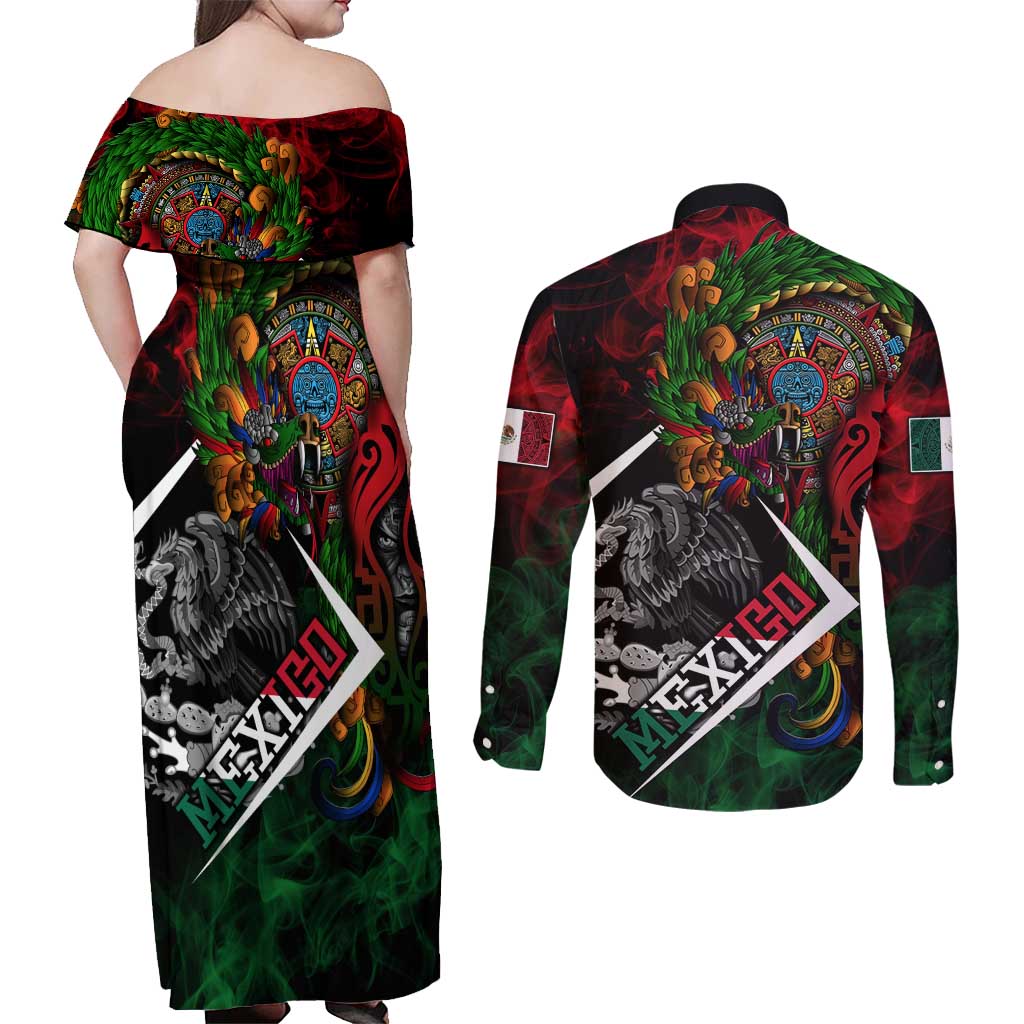 Mexico Quetzalcoatl Aztec Calendar Couples Matching Off Shoulder Maxi Dress and Long Sleeve Button Shirt Tribal Warrior Art with Eagle and Serpent