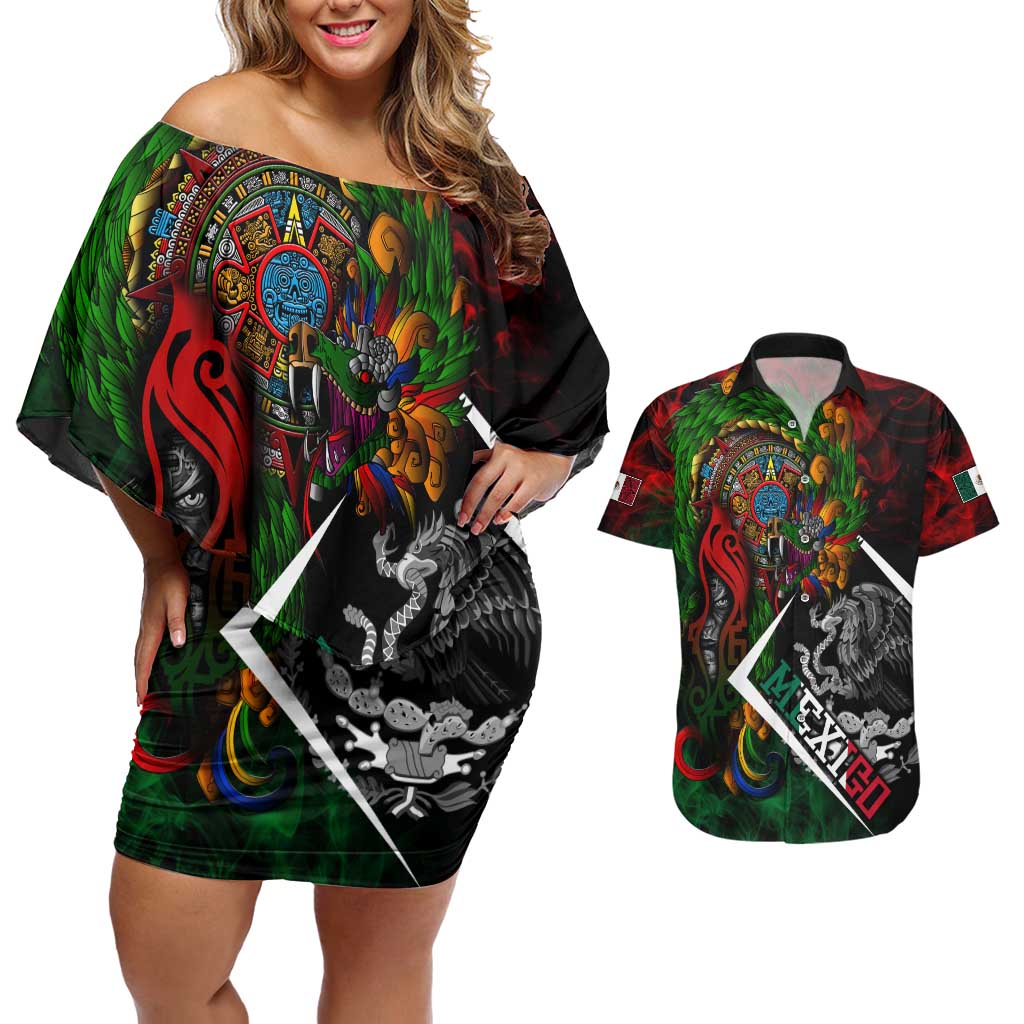 Mexico Quetzalcoatl Aztec Calendar Couples Matching Off Shoulder Short Dress and Hawaiian Shirt Tribal Warrior Art with Eagle and Serpent