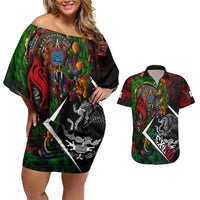 Mexico Quetzalcoatl Aztec Calendar Couples Matching Off Shoulder Short Dress and Hawaiian Shirt Tribal Warrior Art with Eagle and Serpent
