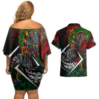 Mexico Quetzalcoatl Aztec Calendar Couples Matching Off Shoulder Short Dress and Hawaiian Shirt Tribal Warrior Art with Eagle and Serpent