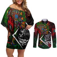 Mexico Quetzalcoatl Aztec Calendar Couples Matching Off Shoulder Short Dress and Long Sleeve Button Shirt Tribal Warrior Art with Eagle and Serpent
