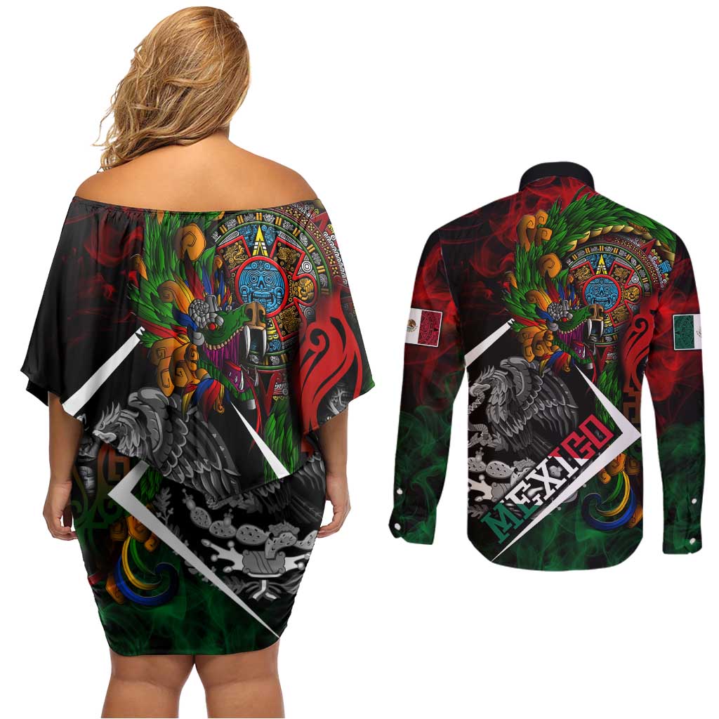 Mexico Quetzalcoatl Aztec Calendar Couples Matching Off Shoulder Short Dress and Long Sleeve Button Shirt Tribal Warrior Art with Eagle and Serpent