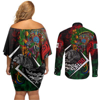 Mexico Quetzalcoatl Aztec Calendar Couples Matching Off Shoulder Short Dress and Long Sleeve Button Shirt Tribal Warrior Art with Eagle and Serpent