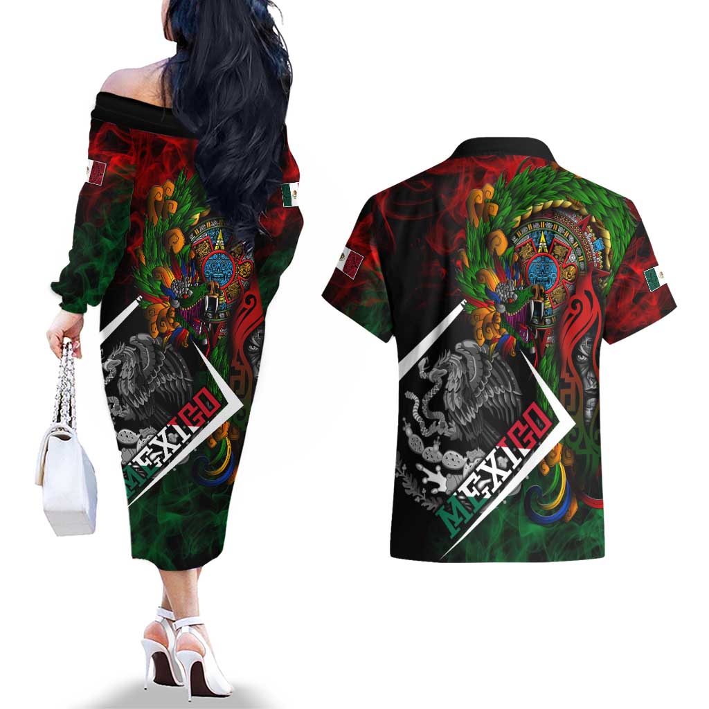 Mexico Quetzalcoatl Aztec Calendar Couples Matching Off The Shoulder Long Sleeve Dress and Hawaiian Shirt Tribal Warrior Art with Eagle and Serpent