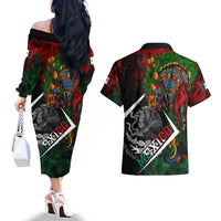 Mexico Quetzalcoatl Aztec Calendar Couples Matching Off The Shoulder Long Sleeve Dress and Hawaiian Shirt Tribal Warrior Art with Eagle and Serpent