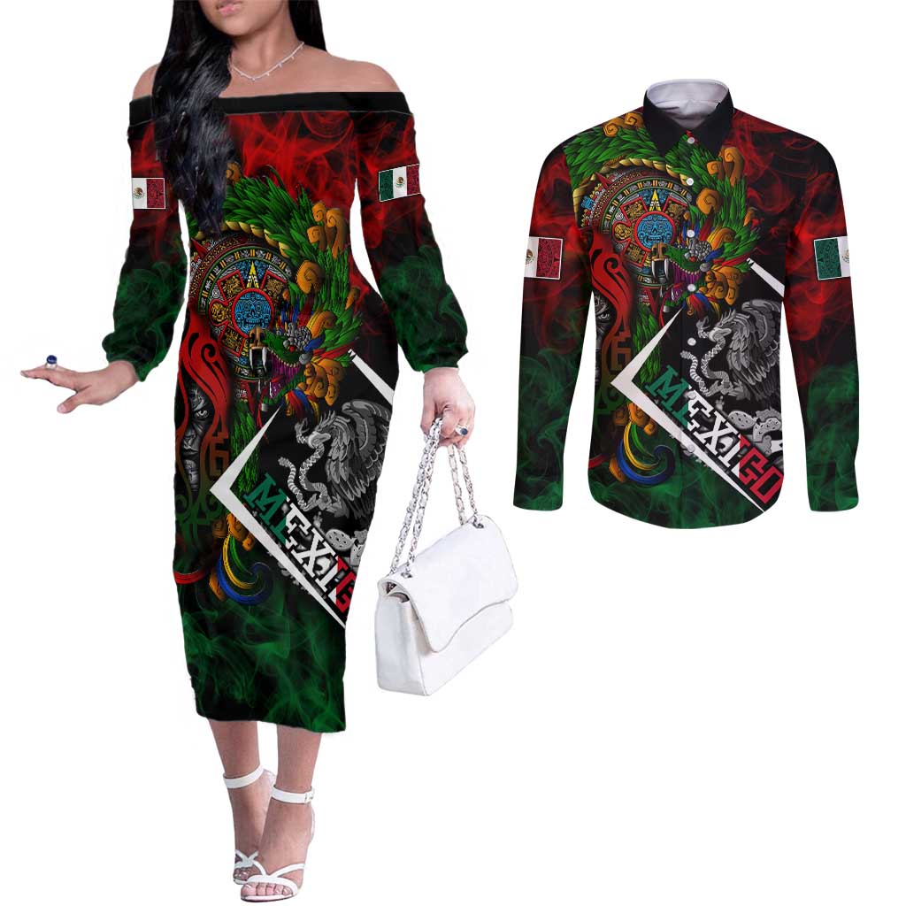 Mexico Quetzalcoatl Aztec Calendar Couples Matching Off The Shoulder Long Sleeve Dress and Long Sleeve Button Shirt Tribal Warrior Art with Eagle and Serpent