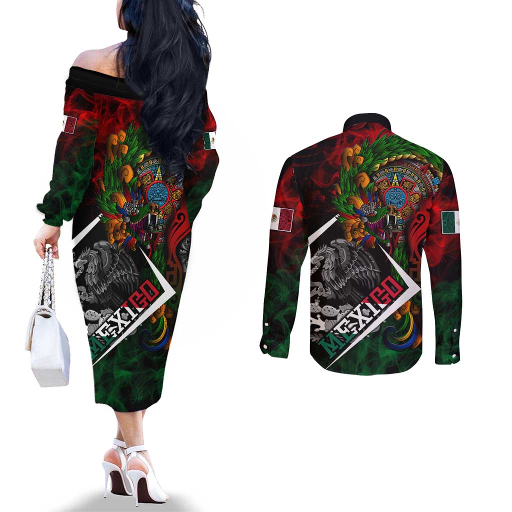 Mexico Quetzalcoatl Aztec Calendar Couples Matching Off The Shoulder Long Sleeve Dress and Long Sleeve Button Shirt Tribal Warrior Art with Eagle and Serpent
