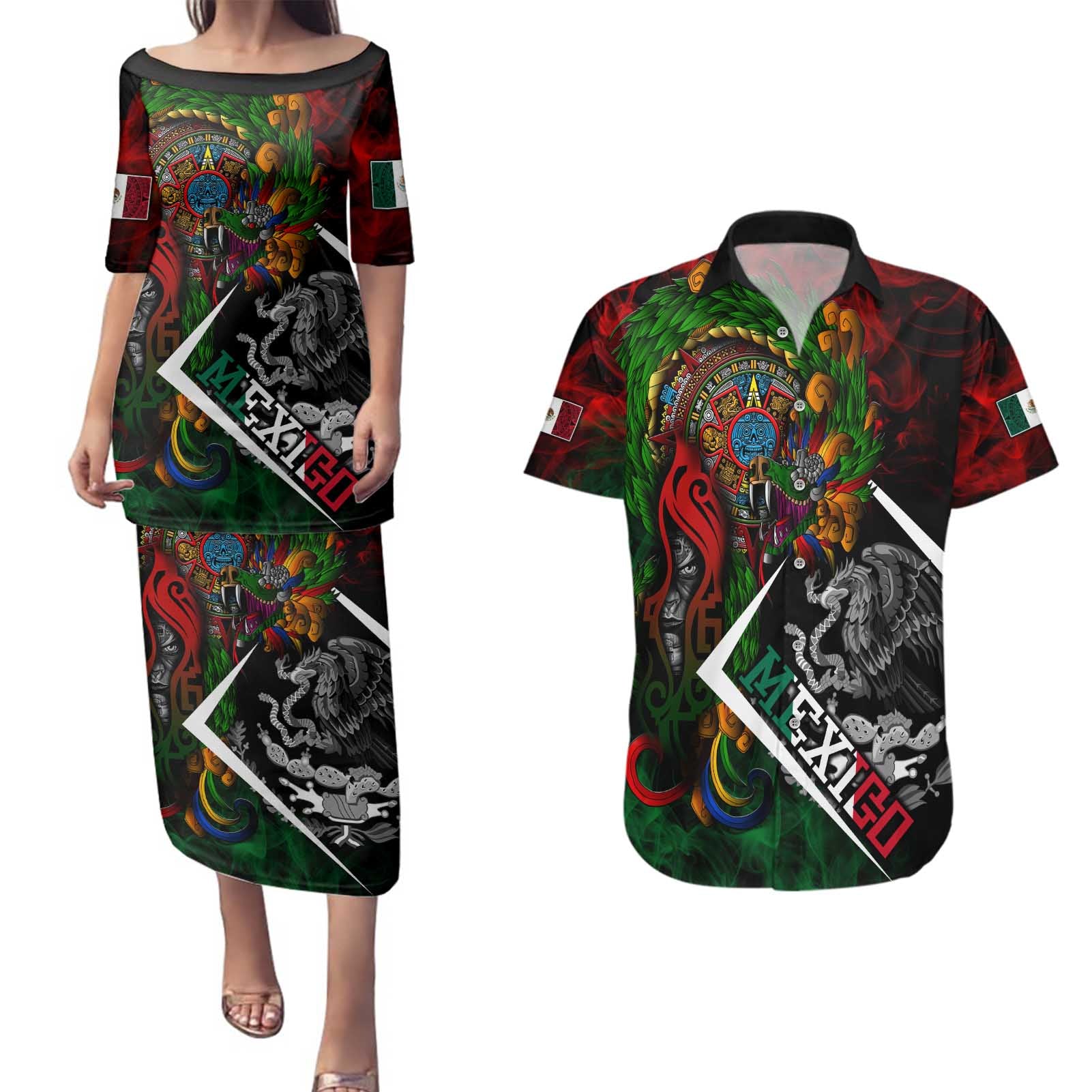 Mexico Quetzalcoatl Aztec Calendar Couples Matching Puletasi and Hawaiian Shirt Tribal Warrior Art with Eagle and Serpent