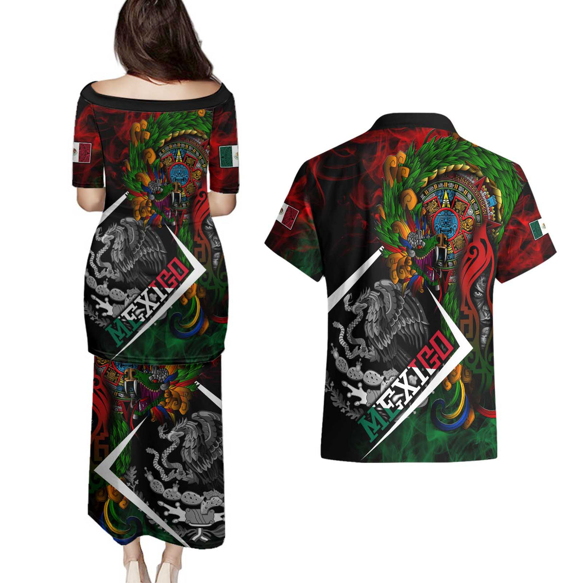 Mexico Quetzalcoatl Aztec Calendar Couples Matching Puletasi and Hawaiian Shirt Tribal Warrior Art with Eagle and Serpent