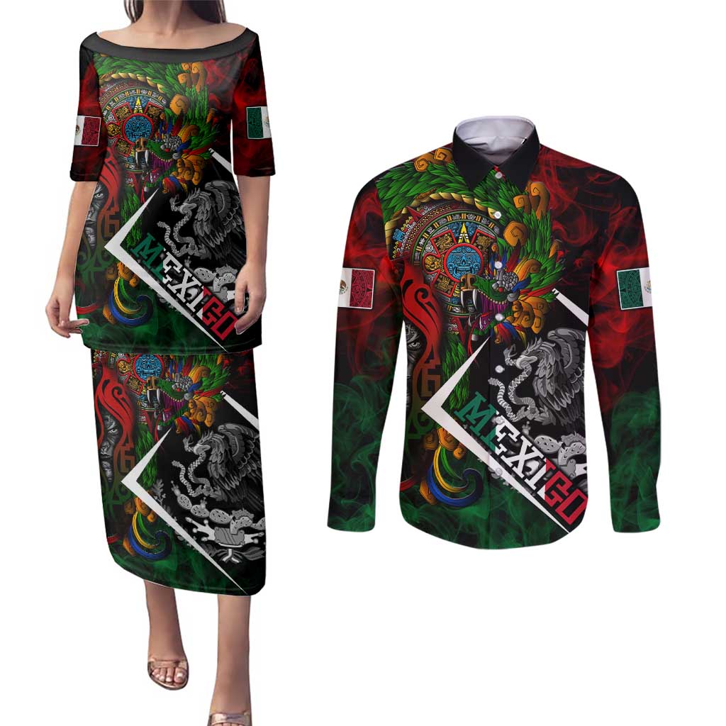 Mexico Quetzalcoatl Aztec Calendar Couples Matching Puletasi and Long Sleeve Button Shirt Tribal Warrior Art with Eagle and Serpent