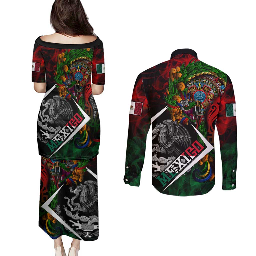 Mexico Quetzalcoatl Aztec Calendar Couples Matching Puletasi and Long Sleeve Button Shirt Tribal Warrior Art with Eagle and Serpent