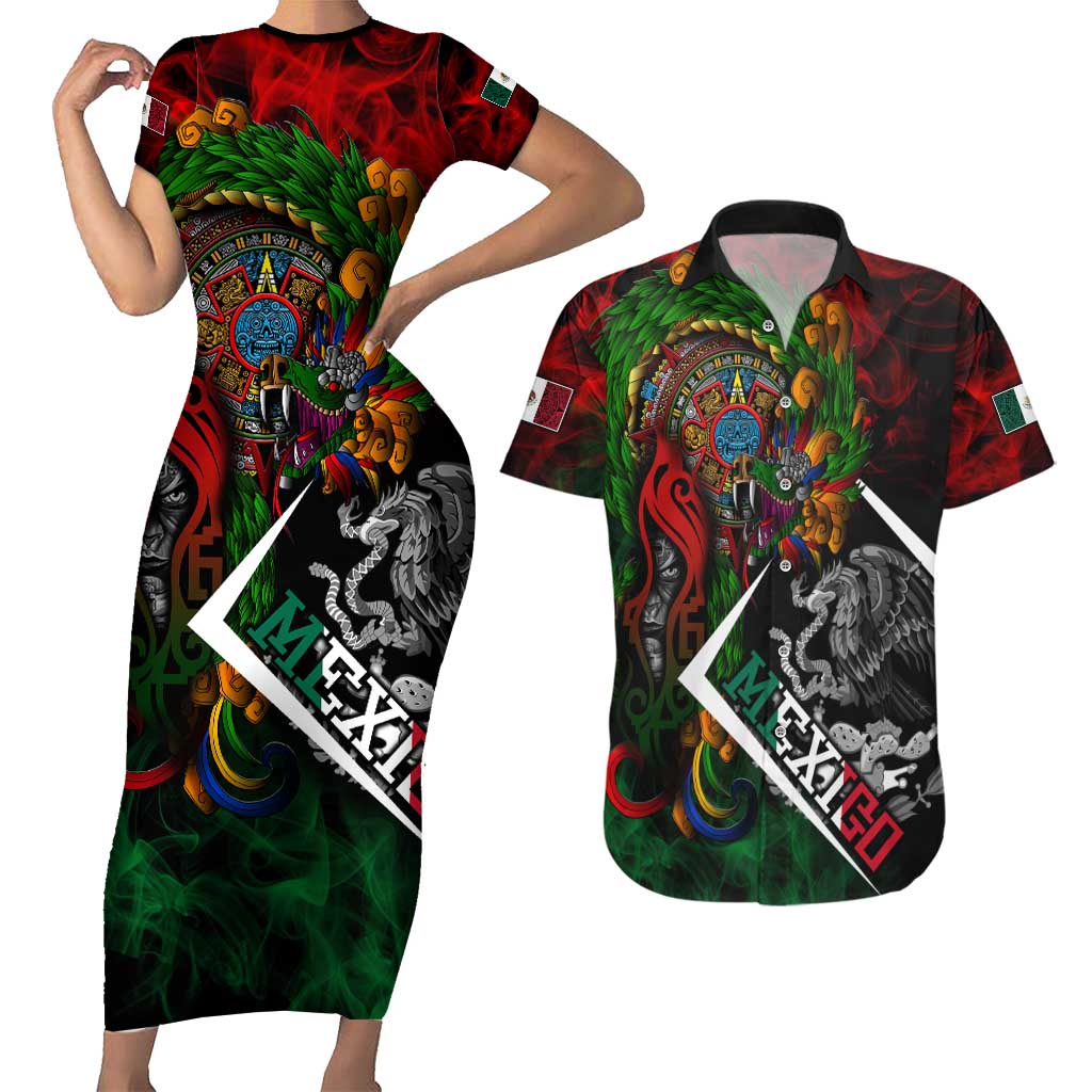 Mexico Quetzalcoatl Aztec Calendar Couples Matching Short Sleeve Bodycon Dress and Hawaiian Shirt Tribal Warrior Art with Eagle and Serpent