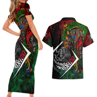 Mexico Quetzalcoatl Aztec Calendar Couples Matching Short Sleeve Bodycon Dress and Hawaiian Shirt Tribal Warrior Art with Eagle and Serpent