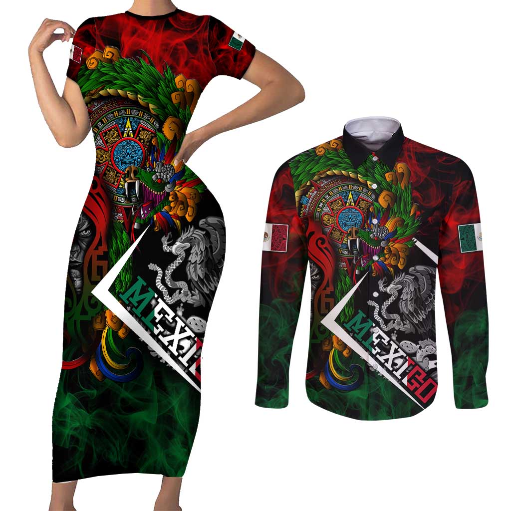 Mexico Quetzalcoatl Aztec Calendar Couples Matching Short Sleeve Bodycon Dress and Long Sleeve Button Shirt Tribal Warrior Art with Eagle and Serpent