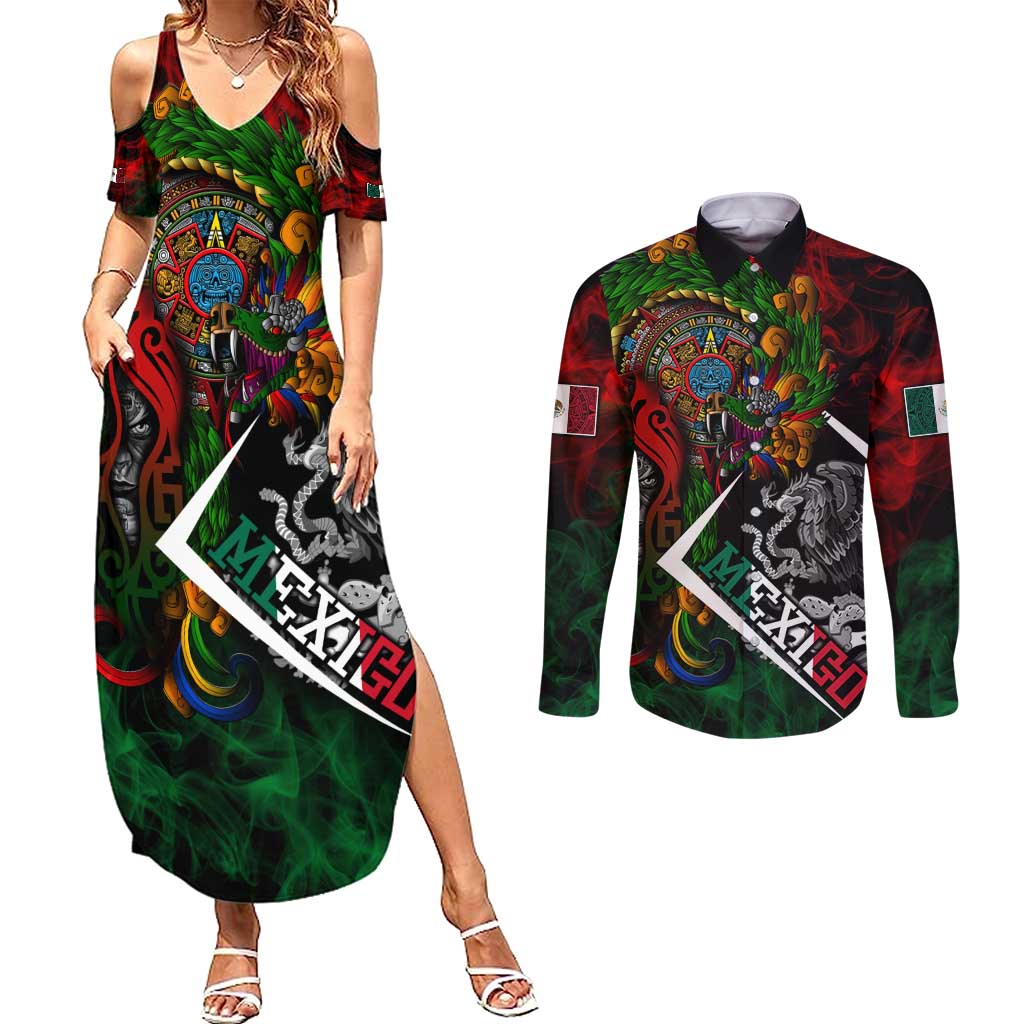 Mexico Quetzalcoatl Aztec Calendar Couples Matching Summer Maxi Dress and Long Sleeve Button Shirt Tribal Warrior Art with Eagle and Serpent