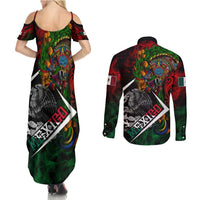 Mexico Quetzalcoatl Aztec Calendar Couples Matching Summer Maxi Dress and Long Sleeve Button Shirt Tribal Warrior Art with Eagle and Serpent