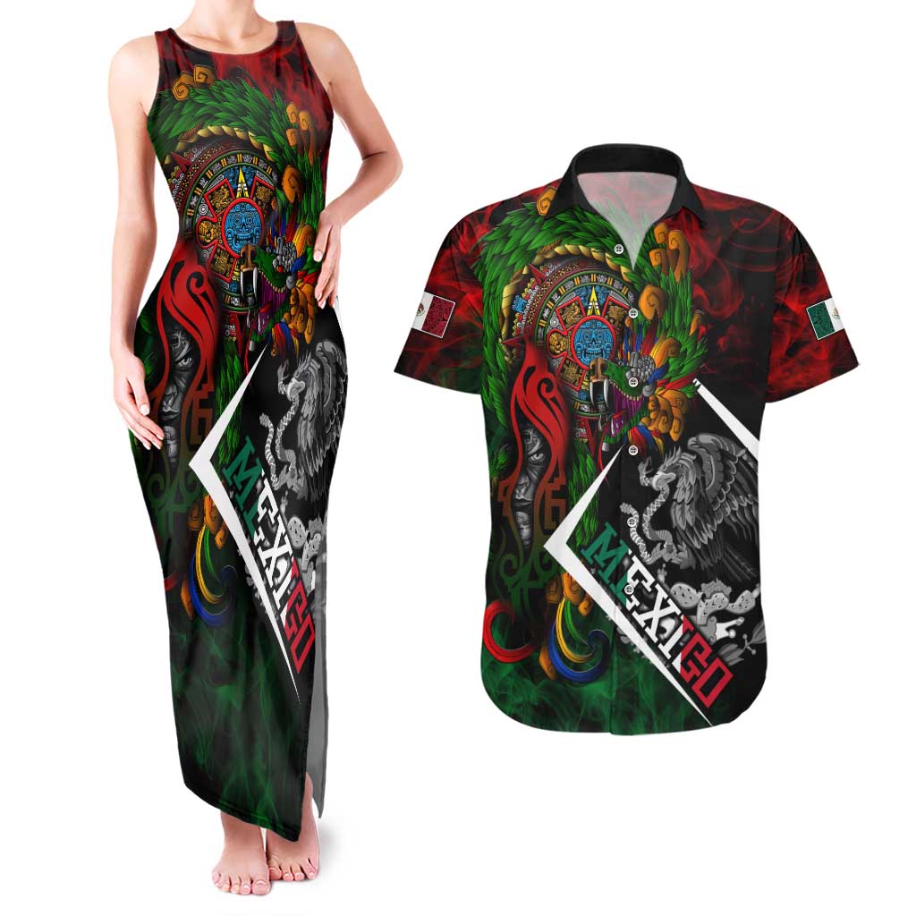 Mexico Quetzalcoatl Aztec Calendar Couples Matching Tank Maxi Dress and Hawaiian Shirt Tribal Warrior Art with Eagle and Serpent