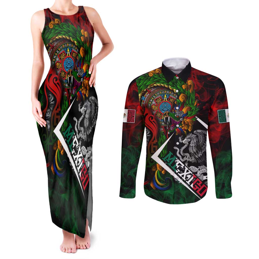 Mexico Quetzalcoatl Aztec Calendar Couples Matching Tank Maxi Dress and Long Sleeve Button Shirt Tribal Warrior Art with Eagle and Serpent