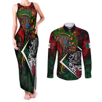 Mexico Quetzalcoatl Aztec Calendar Couples Matching Tank Maxi Dress and Long Sleeve Button Shirt Tribal Warrior Art with Eagle and Serpent