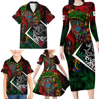Mexico Quetzalcoatl Aztec Calendar Family Matching Long Sleeve Bodycon Dress and Hawaiian Shirt Tribal Warrior Art with Eagle and Serpent