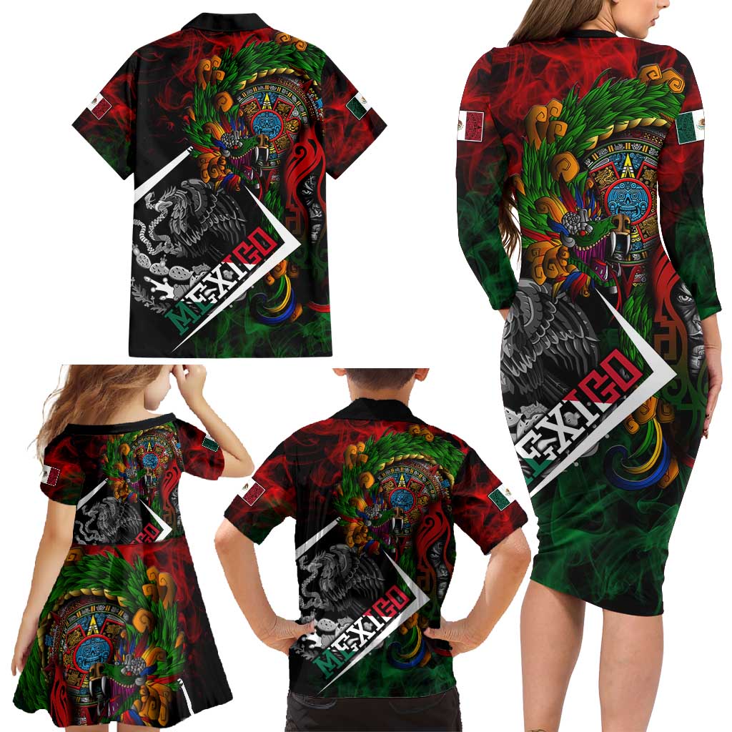 Mexico Quetzalcoatl Aztec Calendar Family Matching Long Sleeve Bodycon Dress and Hawaiian Shirt Tribal Warrior Art with Eagle and Serpent