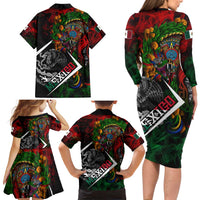 Mexico Quetzalcoatl Aztec Calendar Family Matching Long Sleeve Bodycon Dress and Hawaiian Shirt Tribal Warrior Art with Eagle and Serpent
