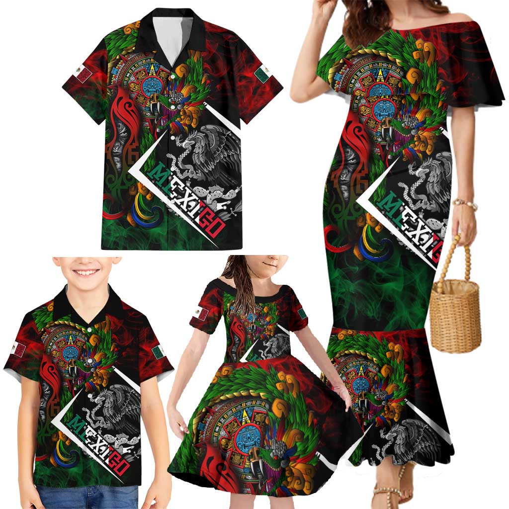Mexico Quetzalcoatl Aztec Calendar Family Matching Mermaid Dress and Hawaiian Shirt Tribal Warrior Art with Eagle and Serpent
