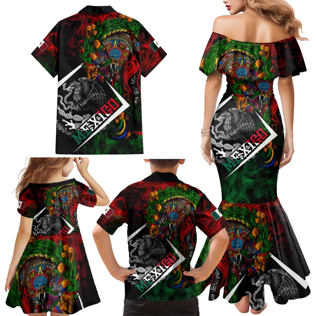 Mexico Quetzalcoatl Aztec Calendar Family Matching Mermaid Dress and Hawaiian Shirt Tribal Warrior Art with Eagle and Serpent