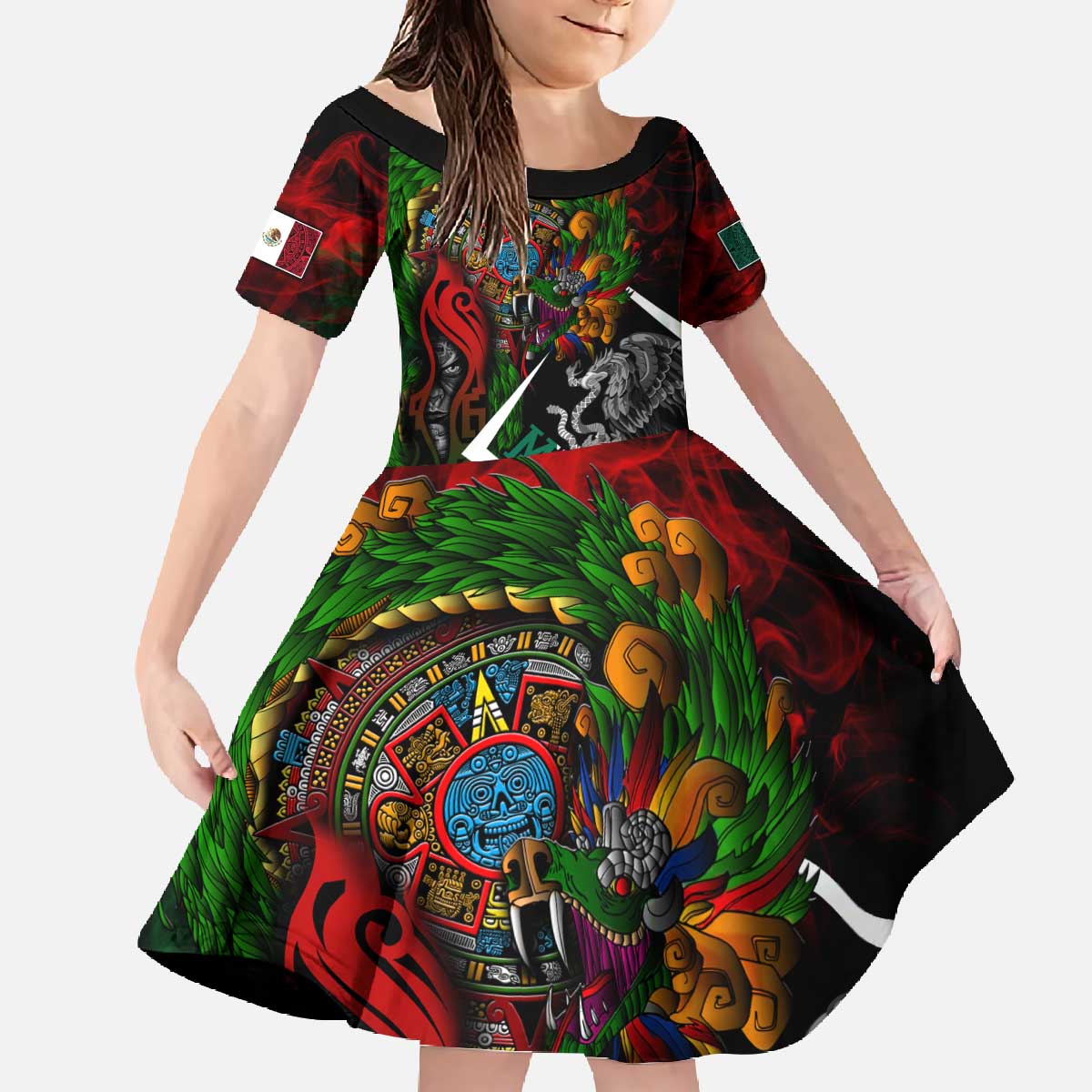Mexico Quetzalcoatl Aztec Calendar Family Matching Off The Shoulder Long Sleeve Dress and Hawaiian Shirt Tribal Warrior Art with Eagle and Serpent