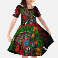 Mexico Quetzalcoatl Aztec Calendar Family Matching Off The Shoulder Long Sleeve Dress and Hawaiian Shirt Tribal Warrior Art with Eagle and Serpent
