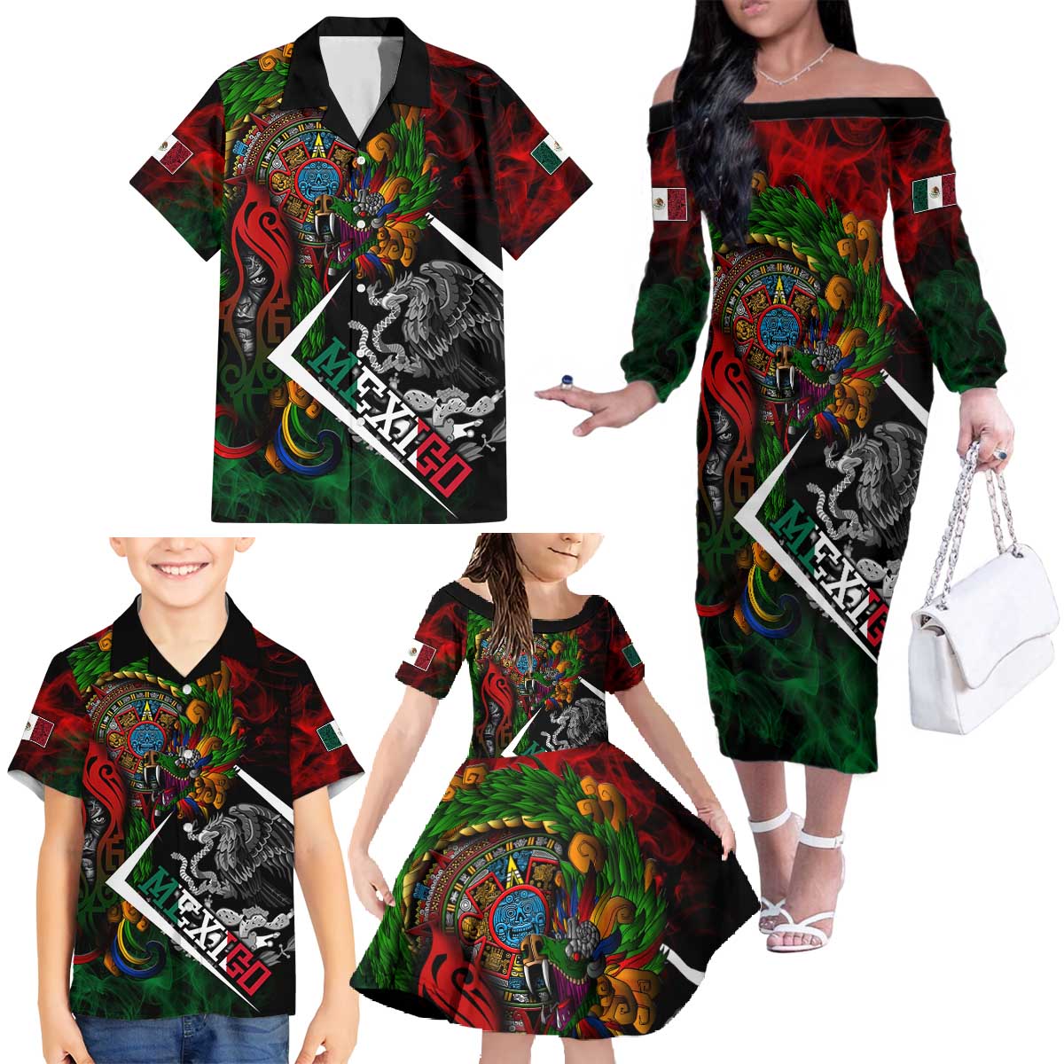 Mexico Quetzalcoatl Aztec Calendar Family Matching Off The Shoulder Long Sleeve Dress and Hawaiian Shirt Tribal Warrior Art with Eagle and Serpent