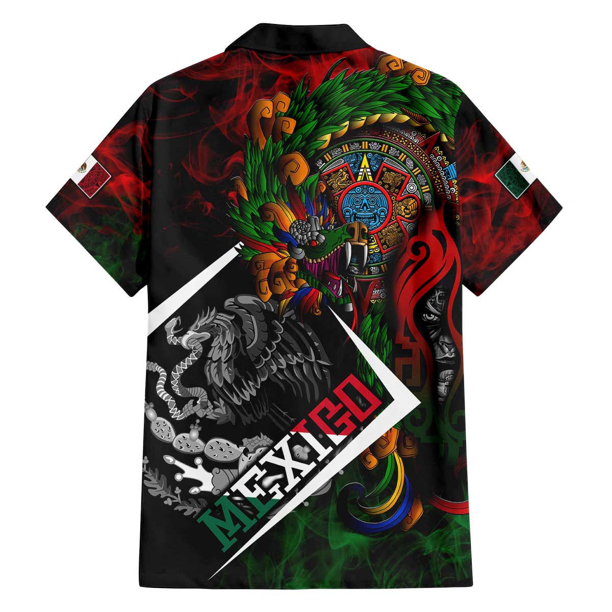 Mexico Quetzalcoatl Aztec Calendar Family Matching Off The Shoulder Long Sleeve Dress and Hawaiian Shirt Tribal Warrior Art with Eagle and Serpent