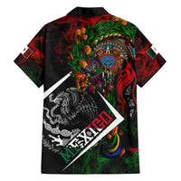 Mexico Quetzalcoatl Aztec Calendar Family Matching Off The Shoulder Long Sleeve Dress and Hawaiian Shirt Tribal Warrior Art with Eagle and Serpent