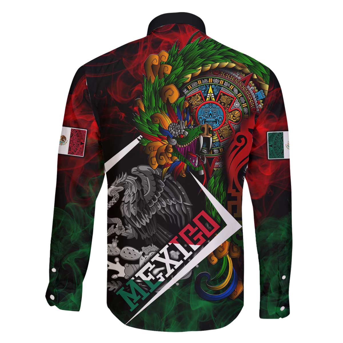 Mexico Quetzalcoatl Aztec Calendar Family Matching Off The Shoulder Long Sleeve Dress and Hawaiian Shirt Tribal Warrior Art with Eagle and Serpent