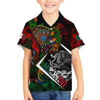 Mexico Quetzalcoatl Aztec Calendar Family Matching Off The Shoulder Long Sleeve Dress and Hawaiian Shirt Tribal Warrior Art with Eagle and Serpent