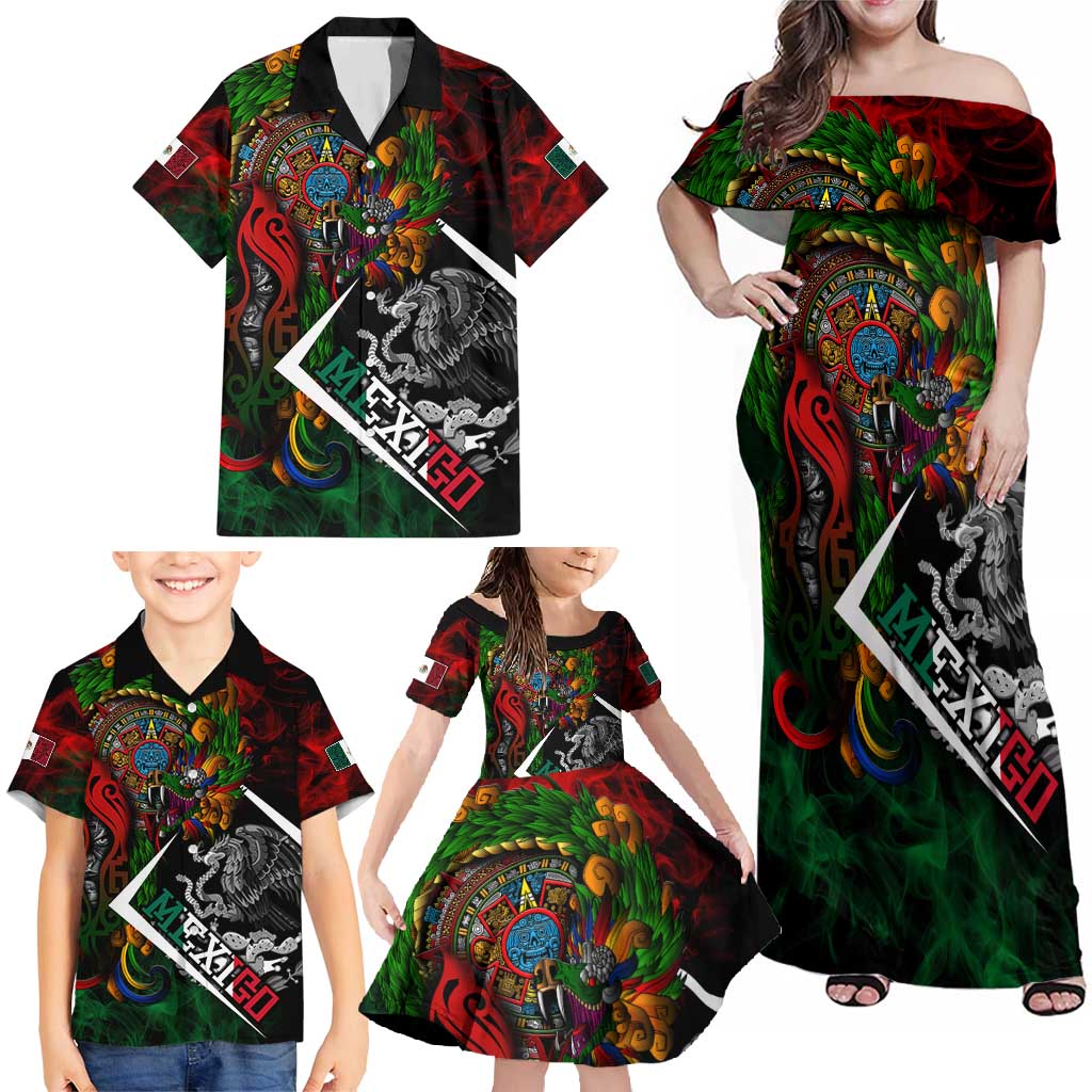 Mexico Quetzalcoatl Aztec Calendar Family Matching Off Shoulder Maxi Dress and Hawaiian Shirt Tribal Warrior Art with Eagle and Serpent