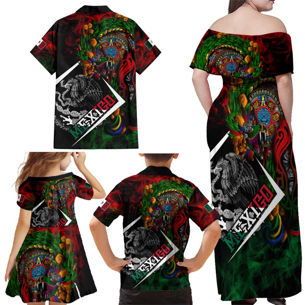 Mexico Quetzalcoatl Aztec Calendar Family Matching Off Shoulder Maxi Dress and Hawaiian Shirt Tribal Warrior Art with Eagle and Serpent