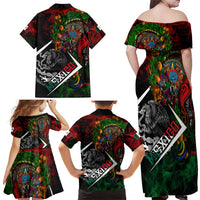 Mexico Quetzalcoatl Aztec Calendar Family Matching Off Shoulder Maxi Dress and Hawaiian Shirt Tribal Warrior Art with Eagle and Serpent