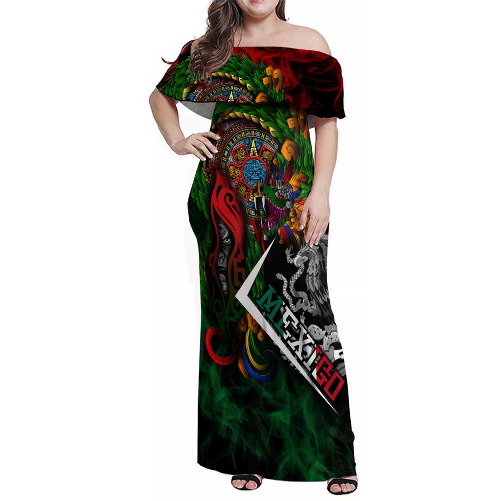 Mexico Quetzalcoatl Aztec Calendar Family Matching Off Shoulder Maxi Dress and Hawaiian Shirt Tribal Warrior Art with Eagle and Serpent