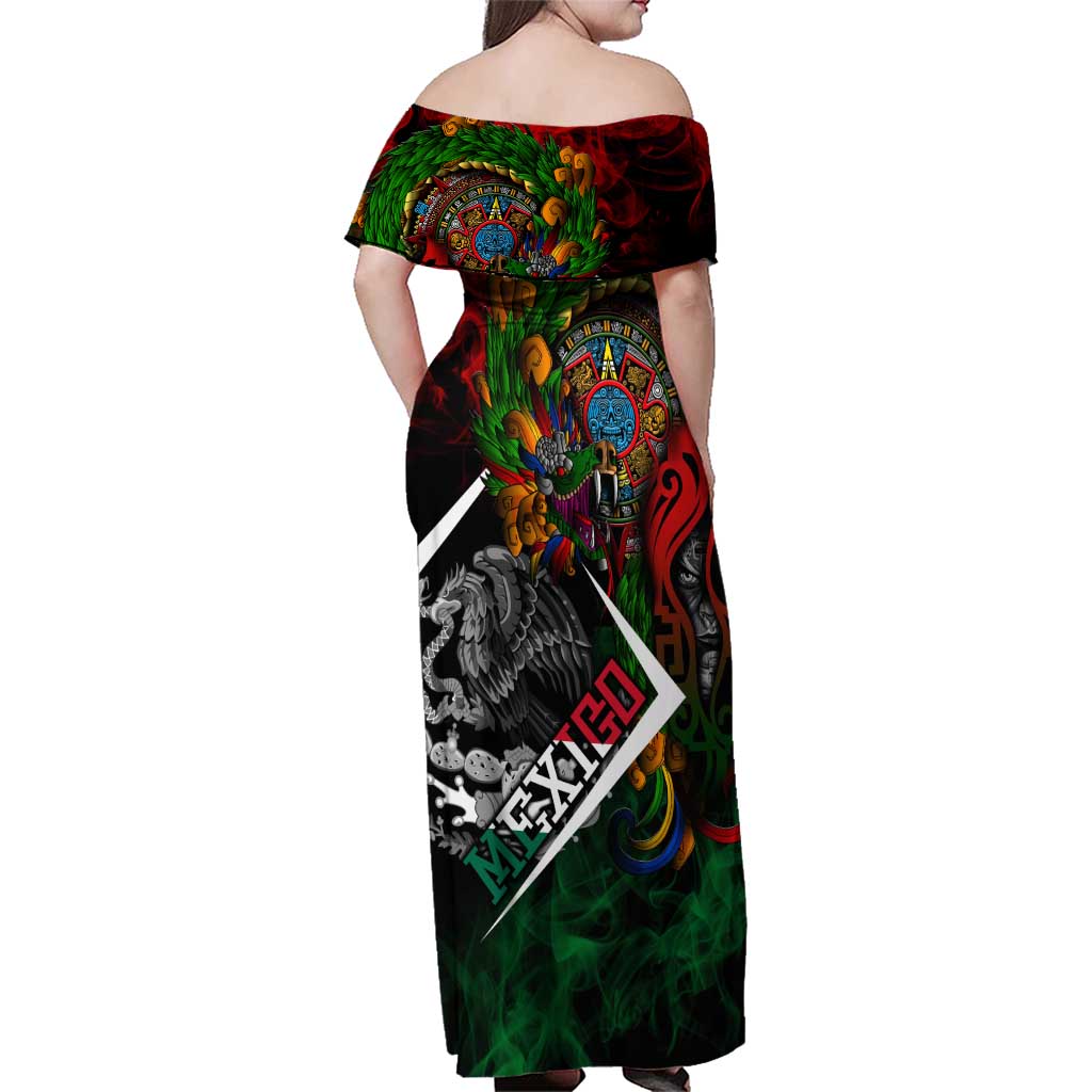 Mexico Quetzalcoatl Aztec Calendar Family Matching Off Shoulder Maxi Dress and Hawaiian Shirt Tribal Warrior Art with Eagle and Serpent