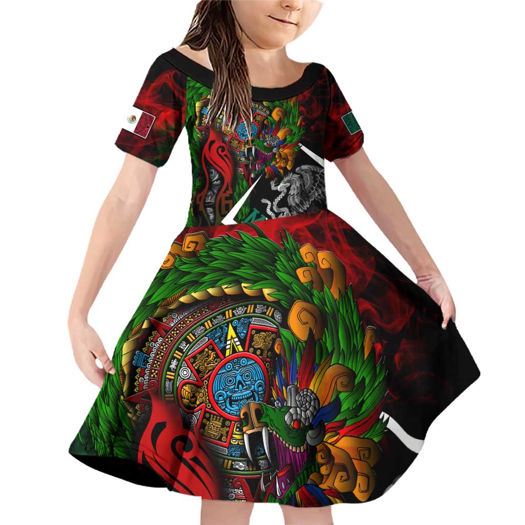 Mexico Quetzalcoatl Aztec Calendar Family Matching Off Shoulder Short Dress and Hawaiian Shirt Tribal Warrior Art with Eagle and Serpent