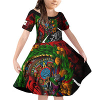 Mexico Quetzalcoatl Aztec Calendar Family Matching Off Shoulder Short Dress and Hawaiian Shirt Tribal Warrior Art with Eagle and Serpent