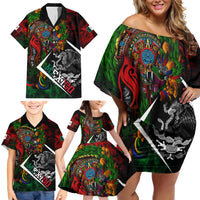Mexico Quetzalcoatl Aztec Calendar Family Matching Off Shoulder Short Dress and Hawaiian Shirt Tribal Warrior Art with Eagle and Serpent