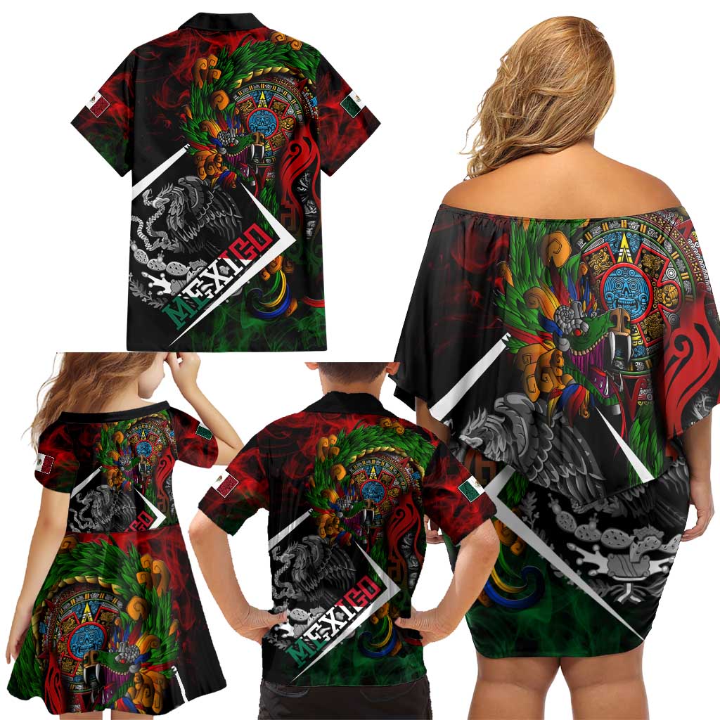 Mexico Quetzalcoatl Aztec Calendar Family Matching Off Shoulder Short Dress and Hawaiian Shirt Tribal Warrior Art with Eagle and Serpent
