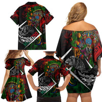 Mexico Quetzalcoatl Aztec Calendar Family Matching Off Shoulder Short Dress and Hawaiian Shirt Tribal Warrior Art with Eagle and Serpent