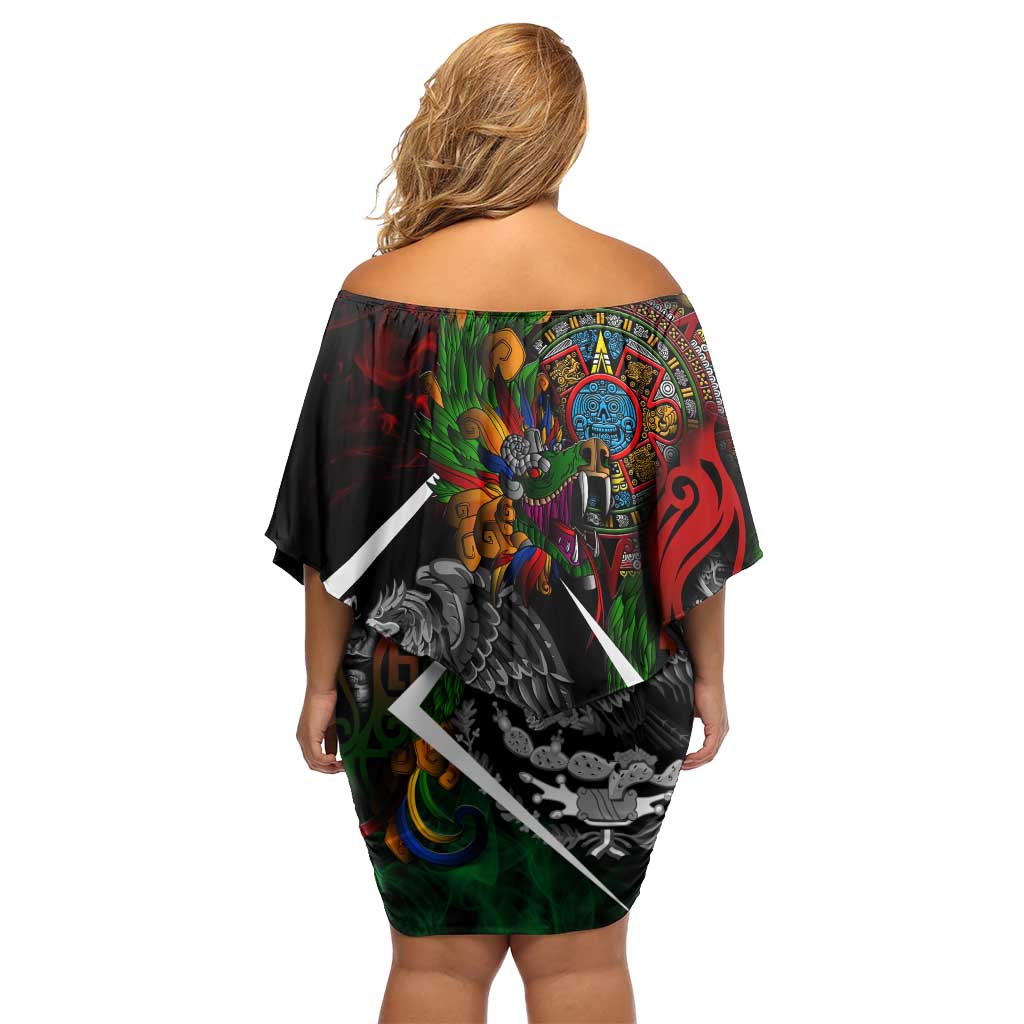 Mexico Quetzalcoatl Aztec Calendar Family Matching Off Shoulder Short Dress and Hawaiian Shirt Tribal Warrior Art with Eagle and Serpent