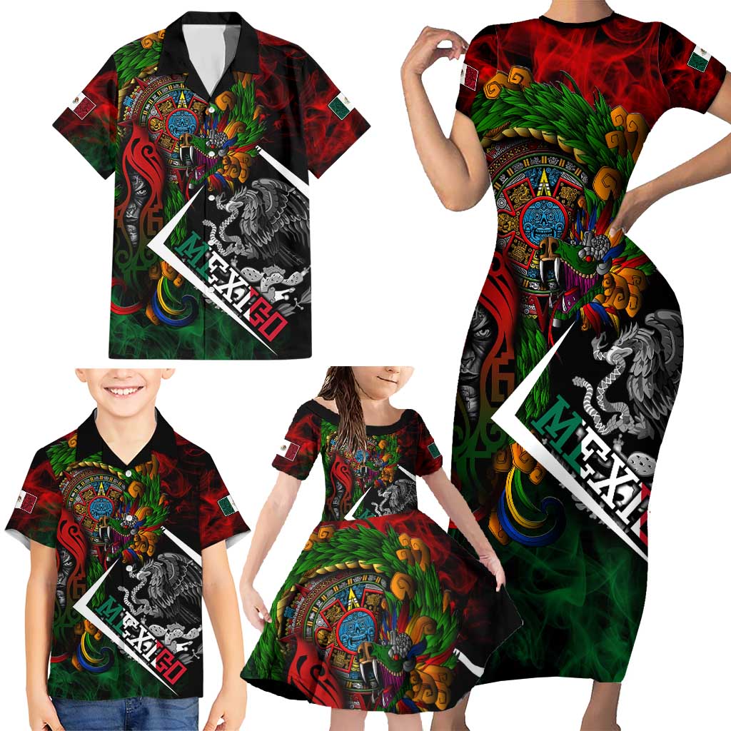 Mexico Quetzalcoatl Aztec Calendar Family Matching Short Sleeve Bodycon Dress and Hawaiian Shirt Tribal Warrior Art with Eagle and Serpent