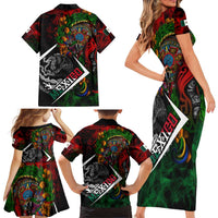 Mexico Quetzalcoatl Aztec Calendar Family Matching Short Sleeve Bodycon Dress and Hawaiian Shirt Tribal Warrior Art with Eagle and Serpent